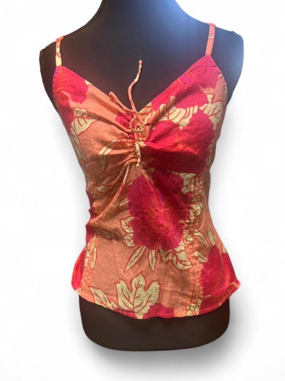 NWT Y2K tropical hibiscus cami  ruched tie front summer top coquette beach vibe